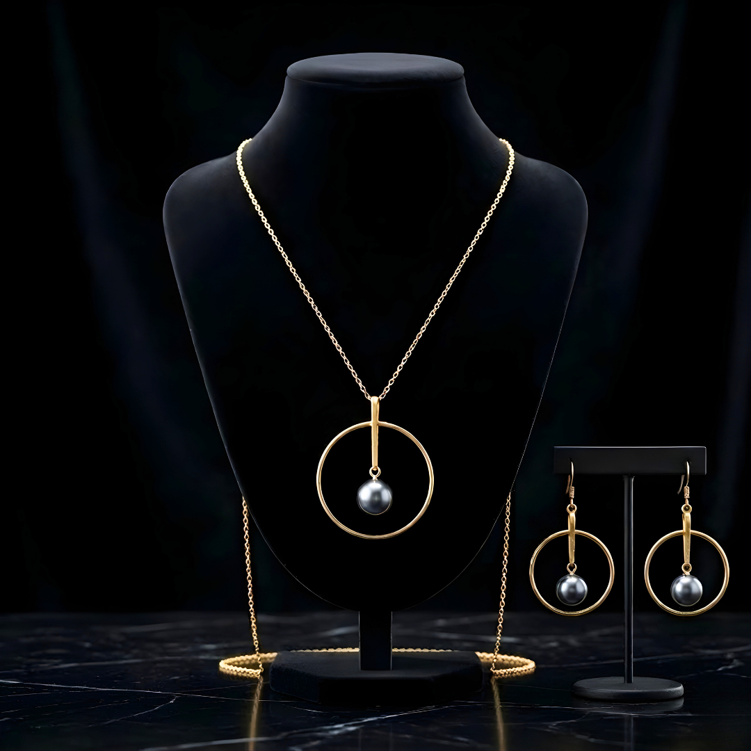 18K Gold Filled Grey Pearl Circle Pendant & Earrings Set – Geometric Circular Drop Jewelry Set for Women